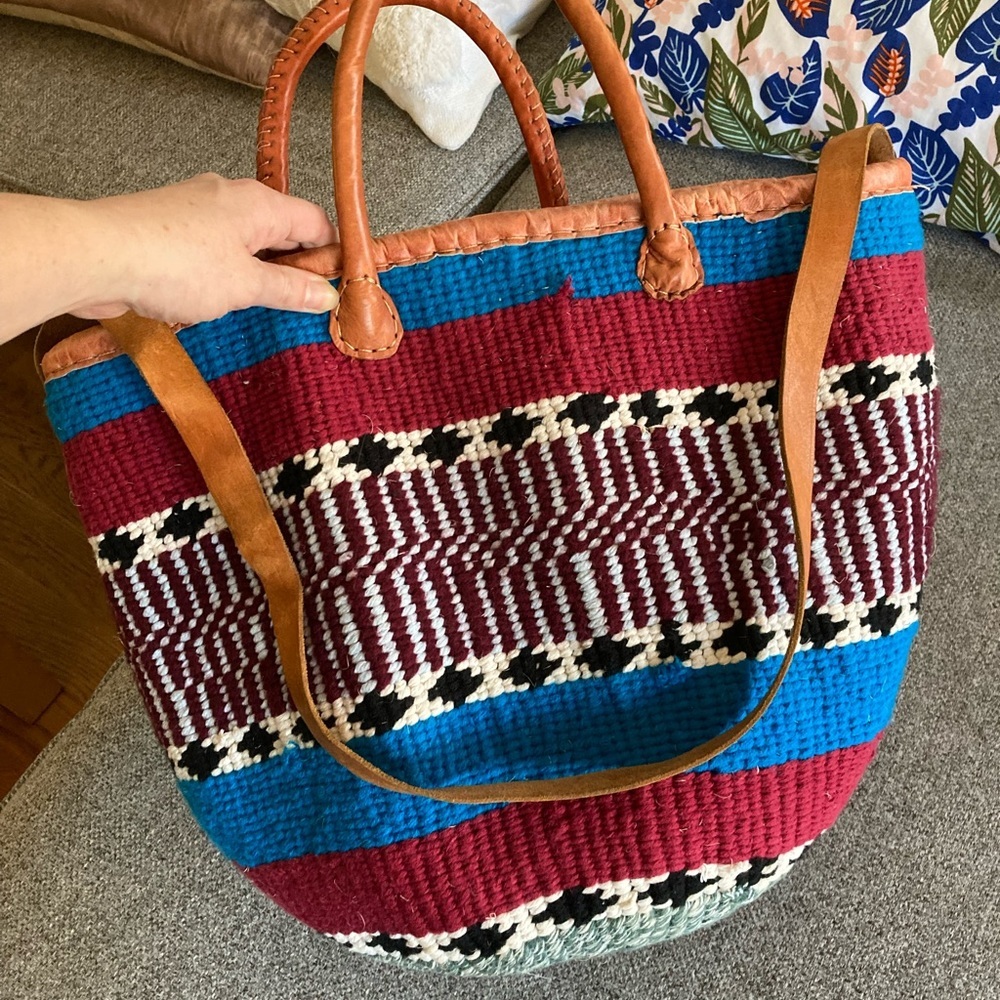 Hand woven bucket tote leather trim​